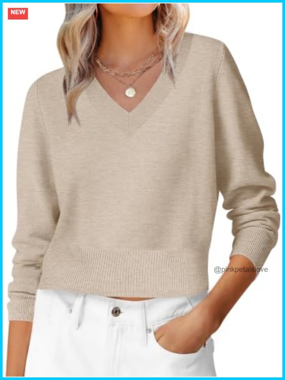 Women's Long Sleeve V Neck Cropped Sweater Knit Pullover